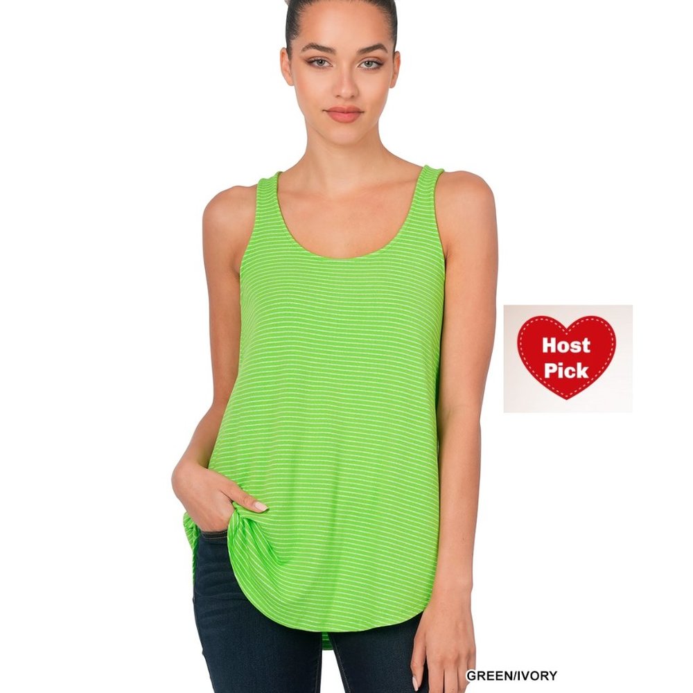 Sleeveless Top in Bright Green - Striped Pattern - Scoop Neck and Round Hem